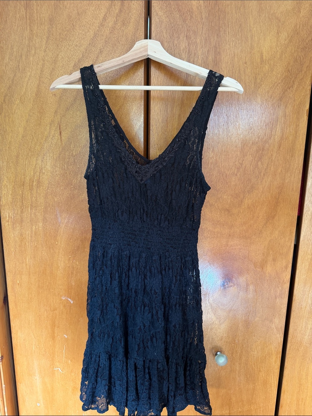 Free People Black Beaded Lace V-Neck Slip Dress